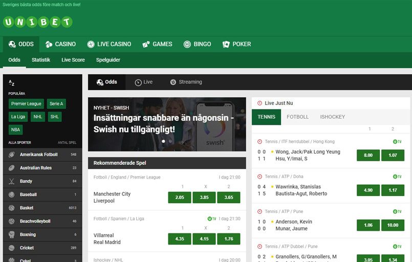 Unibet sportsbook startsida