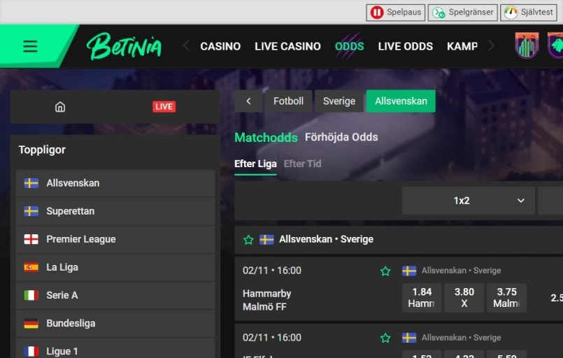 Betinia sportsbook startsida 