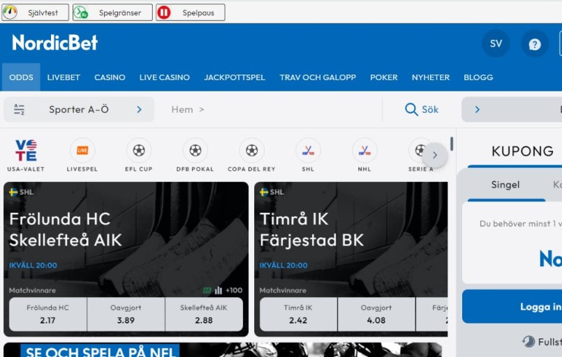 NordicBet sportsbook spelutbud